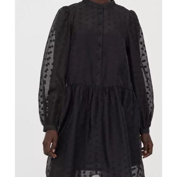 NWT‎ H&M Sheer Black Polka Dot Button-Front Puff Long Sleeve Dress Size Small - Picture 1 of 8